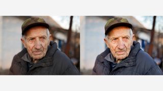 a before photo on the left and after on the right showing an elderly individual in a coat and cap