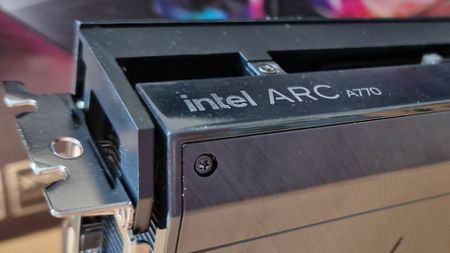 Close up of Intel Arc A770 writing on graphics card edge.