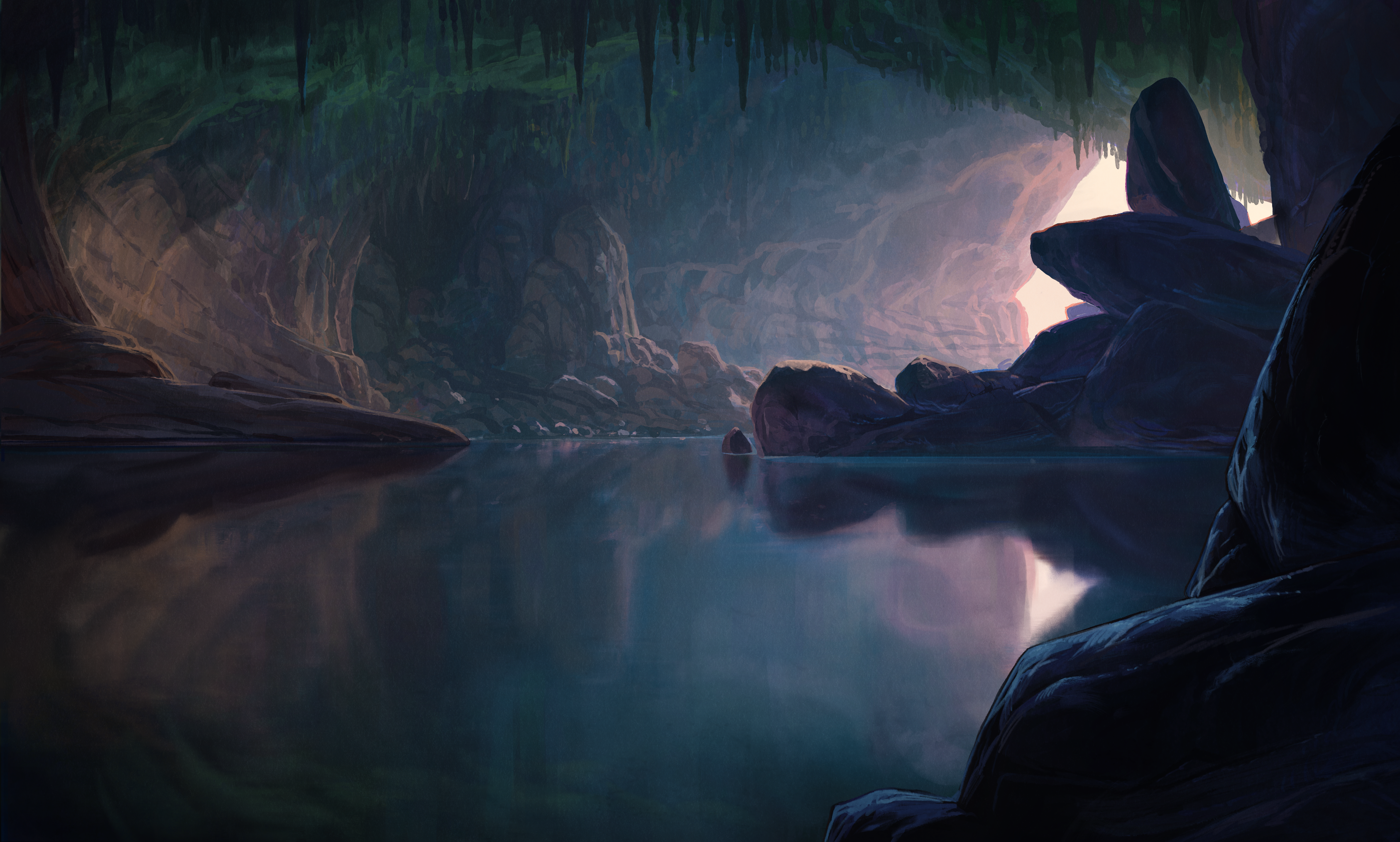 Painted backgrounds of caves and lakes for an animated movie