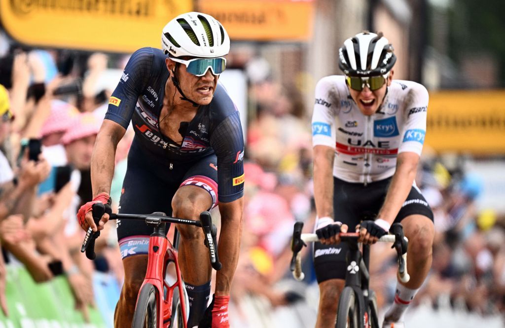 Belgian Jasper Stuyven of TrekSegafredo and Slovenian Tadej Pogacar of UAE Team Emirates react after stage five of the Tour de France cycling race a 155 km race from Lille Metropole to Arenberg porte du Hainaut France on Wednesday 06 July 2022 This years Tour de France takes place from 01 to 24 July 2022 BELGA PHOTO JASPER JACOBS UK OUT Photo by JASPER JACOBS BELGA MAG Belga via AFP Photo by JASPER JACOBSBELGA MAGAFP via Getty Images
