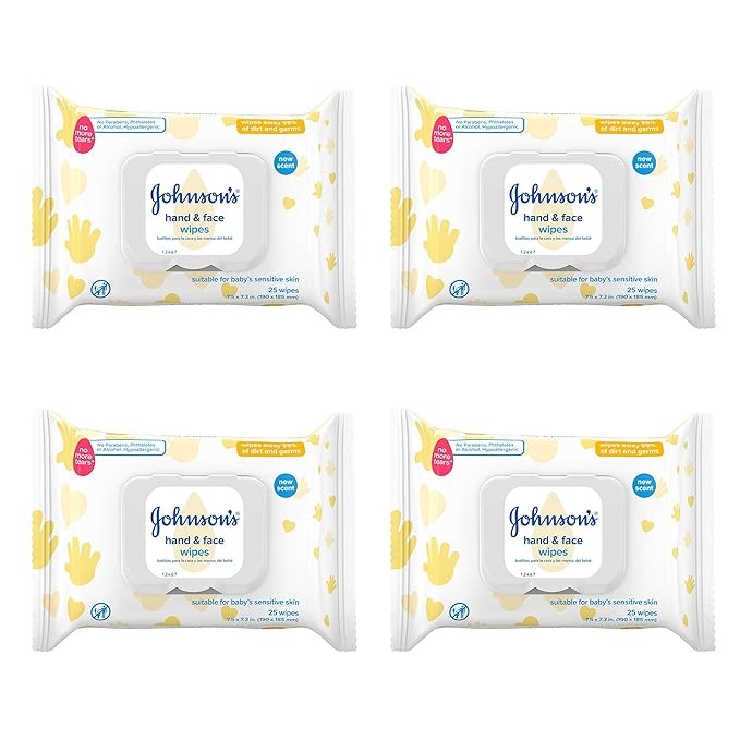 Johnson's Baby, Johnson's Baby Hand & Face Baby Sanitizing Cleansing Wipes for Travel and On-The-Go, No More Tears Formula, Paraben and Alcohol Free, 25 Ct, Case of 4