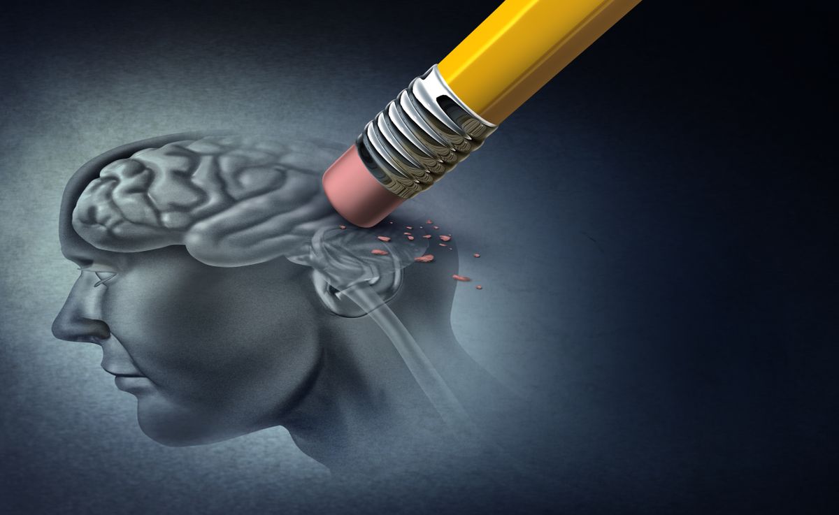 An illustration of a pencil erasing parts of a brain to conceptualize Alzheimer&#039;s disease