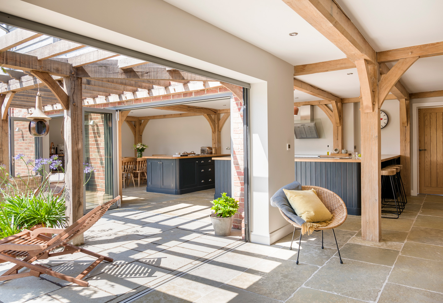 country style open plan kitchen in oak frame home