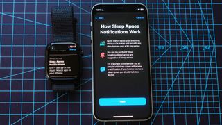 Apple Watch 10 next to an iPhone showing the sleep apnea notifications set up screen