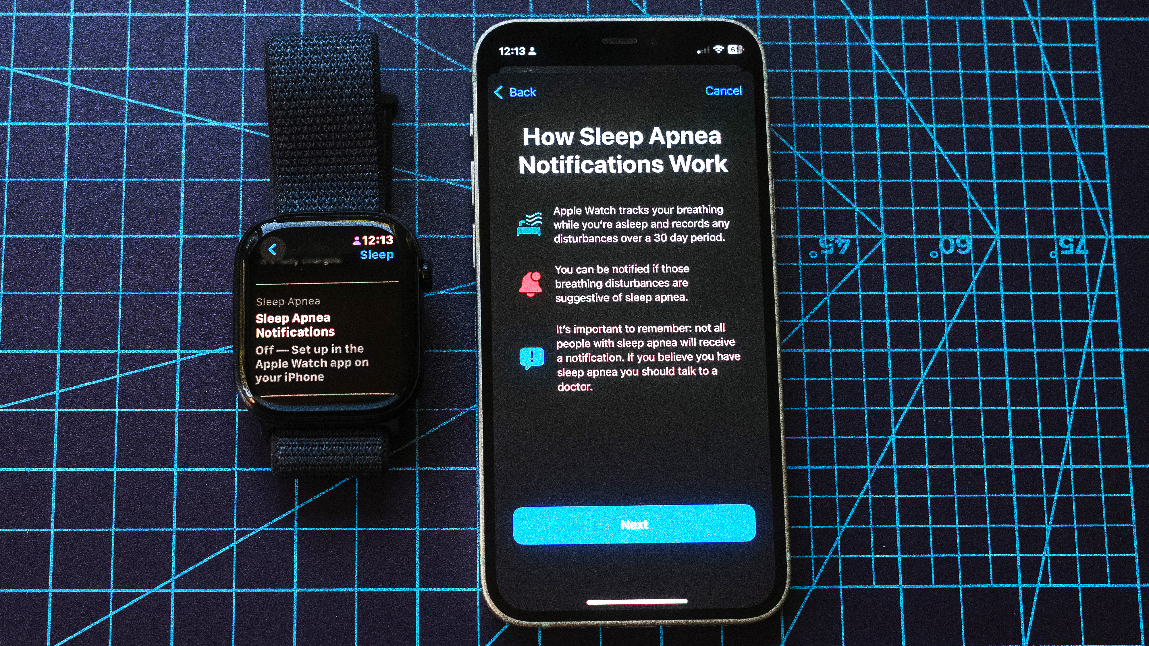 Apple Watch 10 next to an iPhone with the sleep apnea notification setup screen