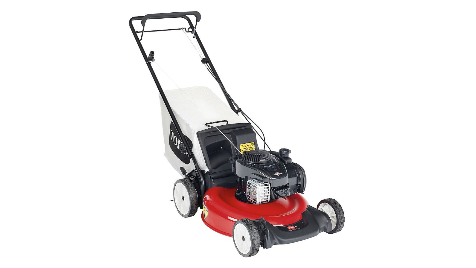 Red and black Toro Recycler 21352 lawn mower on white background