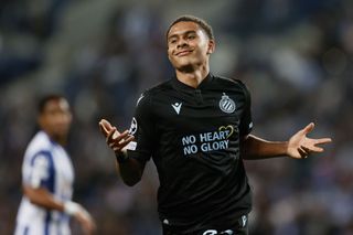 Antonio Nusa celebrates after scoring for Club Brugge against Porto in the Champions League in September 2022.