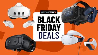 Black Friday VR headset deals hero image showing a PSVR 2, Meta Quest 3, HTC Vive Pro 2, and HTC Vive Cosmos Elite