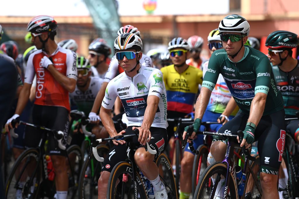 LERMA SPAIN SEPTEMBER 06 LR Remco Evenepoel of Belgium and Team Soudal Quick Step White Best Young Rider Jersey and Kaden Groves of Australia and Team AlpecinDeceuninck Green Points Jersey prior to the 78th Tour of Spain 2023 Stage 11 a 1632km stage from Lerma to La Laguna Negra Vinuesa 1730m UCIWT on September 06 2023 in Lerma Spain Photo by Tim de WaeleGetty Images
