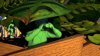 Green Army Men peek from a plant
