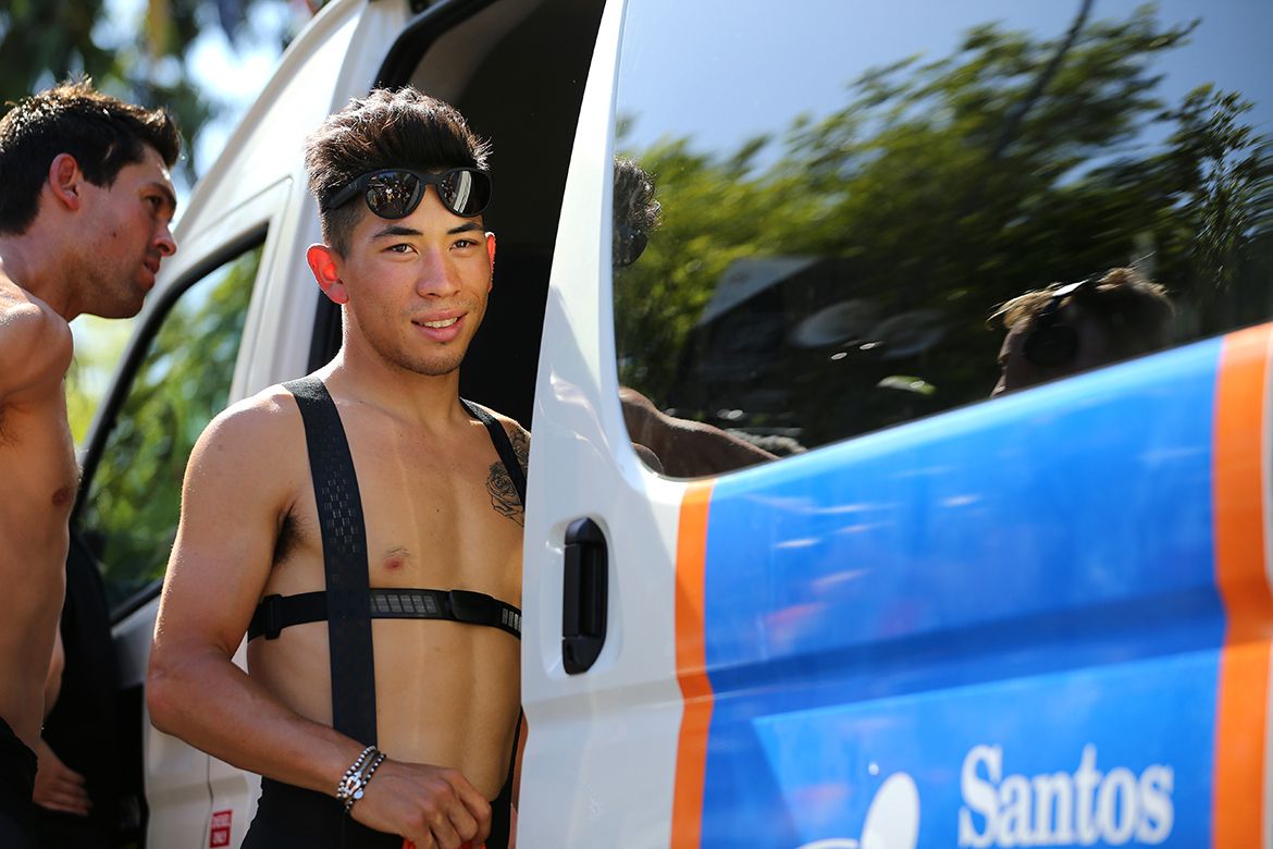 Caleb Ewan getting kitted up for the stage