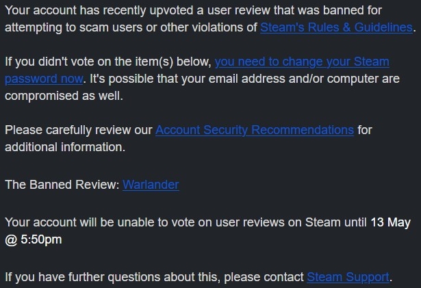 A message from Steam support explaining that a user's ability to vote on reviews has been restricted
