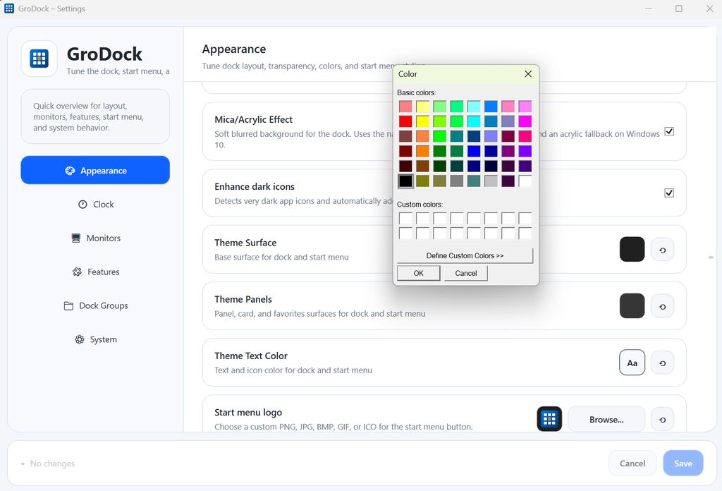 Settings window of GroDock with color selection dialog open.