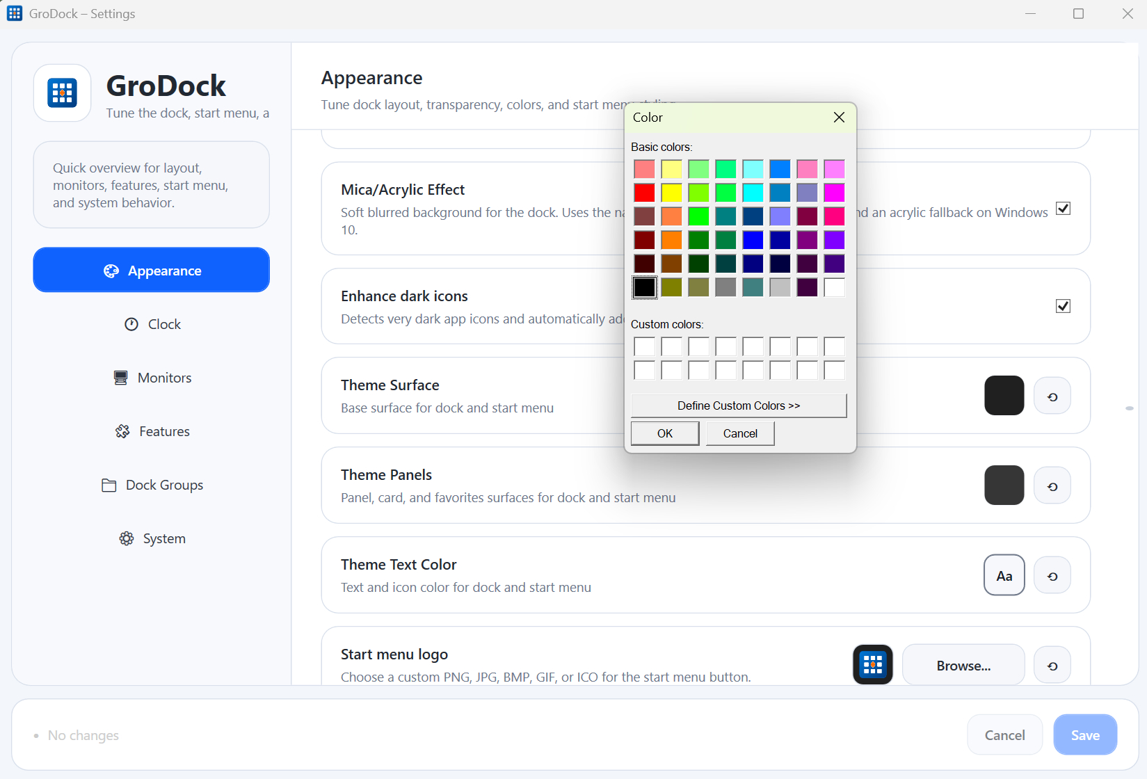 Settings window of GroDock with color selection dialog open.