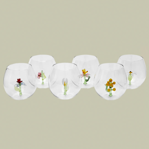 6 tumblers with glass flowers inside