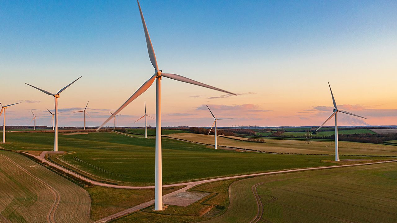 Drone view of a wind farm