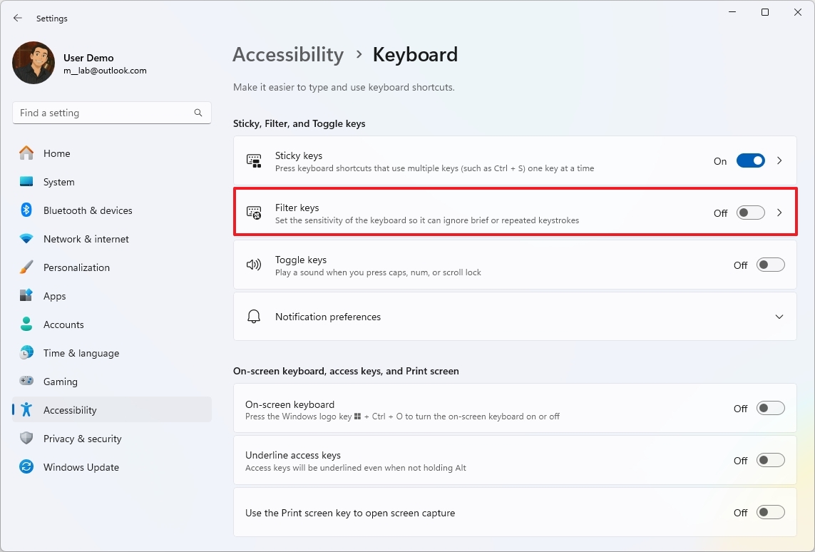 Filter keys