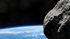 An artists impression of an asteroid approaching Earth.