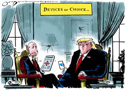 Political cartoon U.S. Trump Putin Russia investigation robot Twitter