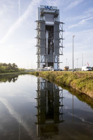 A United Launch Alliance Atlas V rocket is prepared to launch the EchoStar 19 broadband internet communications satellite from Cape Canaveral Air Force Station in Florida. Launch is targeted for Dec. 18, 2016.
