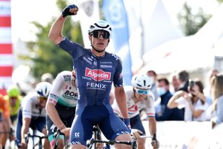 DENAIN FRANCE SEPTEMBER 21 Jasper Philipsen of Belgium and Team AlpecinFenix celebrates at finish line as race winner during the 62nd Grand Prix De Denain Porte du Hainaut 2021 a 2003km race from Denain to Denain GPDenain on September 21 2021 in Denain France Photo by Mark Van HeckeGetty Images