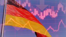 German flag with symbols of plummeting stocks on top of it 