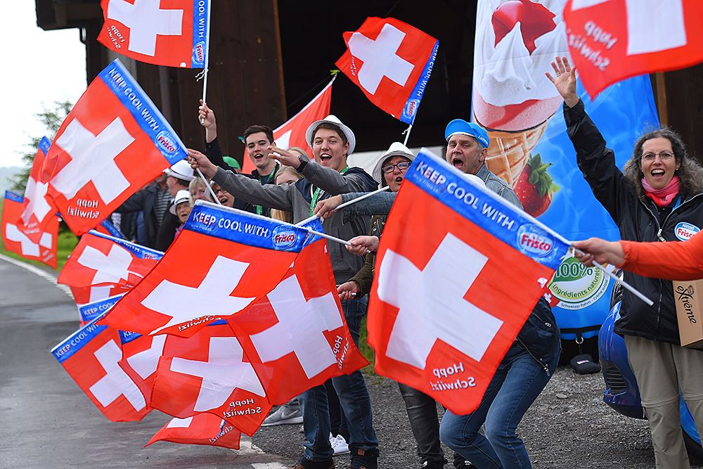 Swiss flags and fans