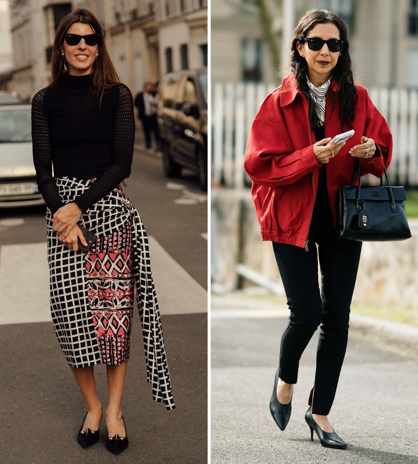 two stylish women at paris fashion week wearing ray ban wayfarer sunglasses