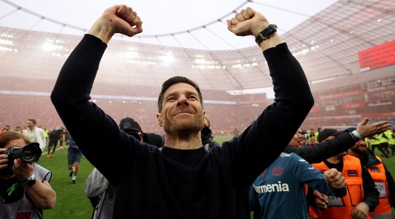 Xabi Alonso celebrates Bayer Leverkusen&#039;s Bundesliga title win after victory over Werder Bremen in April 2024.