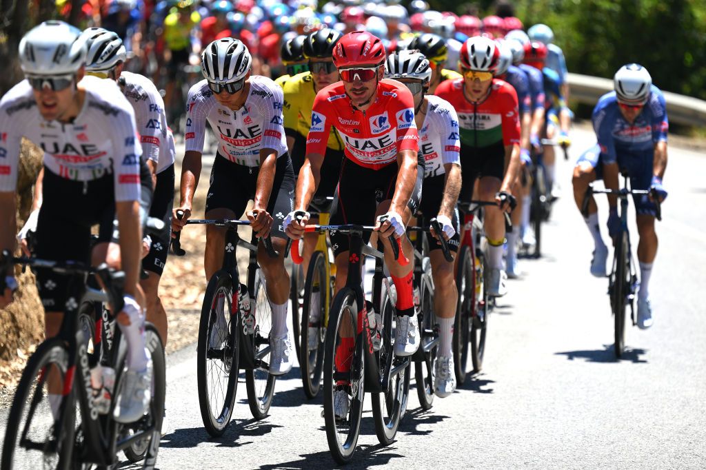 OUREM PORTUGAL AUGUST 18 Brandon McNulty of The United State and UAE Team Emirates Red Leader Jersey competes during the 79th La Vuelta Ciclista a Espana 2024 Stage 2 a 194km stage from Cascais to Ourem UCIWT on August 18 2024 in Ourem Portugal Photo by Tim de WaeleGetty Images