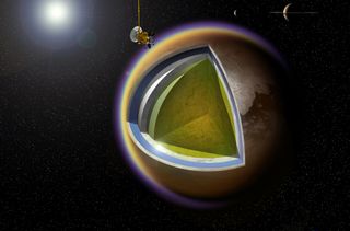This artist’s concept shows a possible model of Titan’s internal structure that incorporates data from NASA’s Cassini spacecraft. As of March 6, 2014, Cassini has flown by Titan, Saturn's largest moon, 100 times since the probe's arrival around the planet