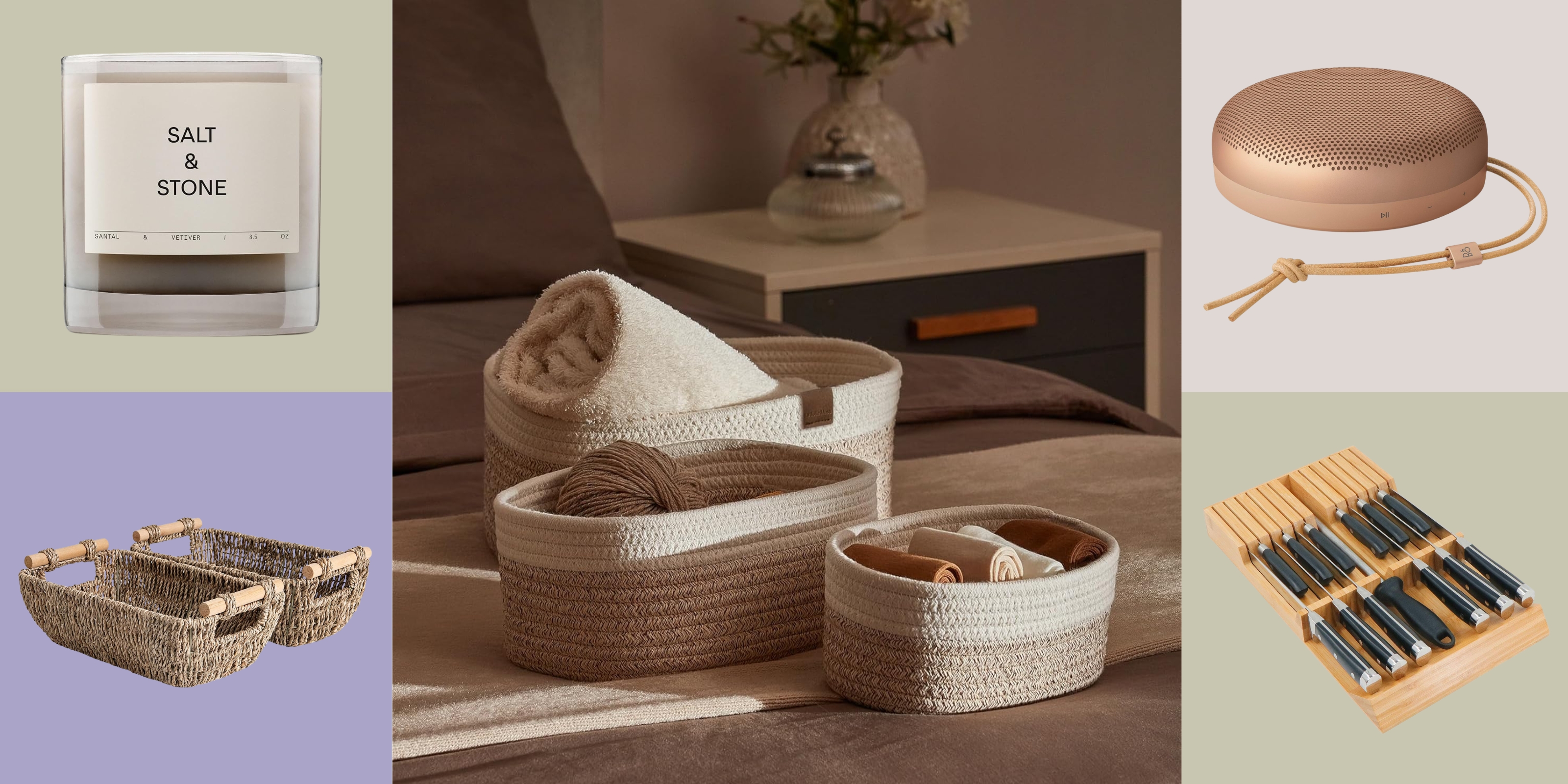 Image of three soft storage bins sitting on a bed. Surrounding the center image, there are four product boxes each with different decor and home items in them.