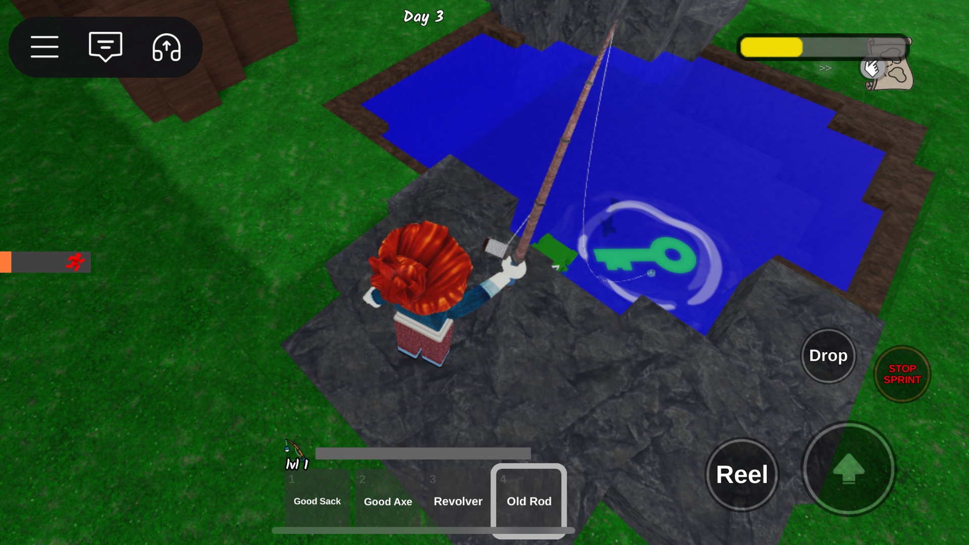 Catching a frog key in a pond in 99 Nights in the Forest