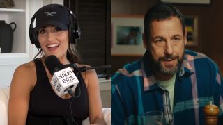 Nikki Garcia in conversation during The Nikki & Brie Show, pictured next to a serious looking Adam Sandler sitting down in Happy Gilmore 2.