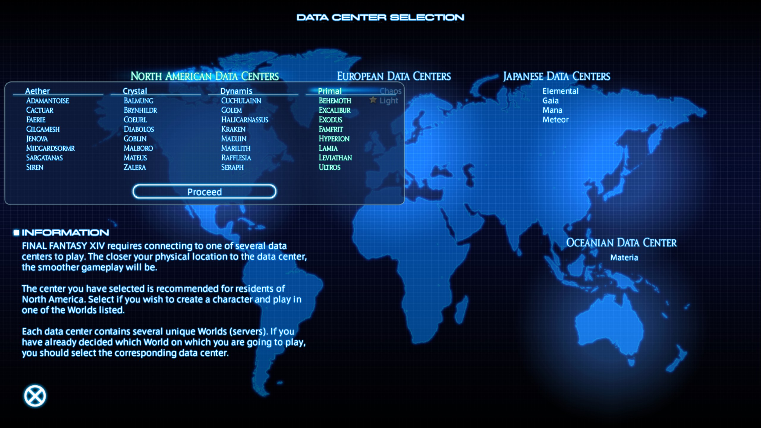 A list of the available data centers and servers on Final Fantasy 14.