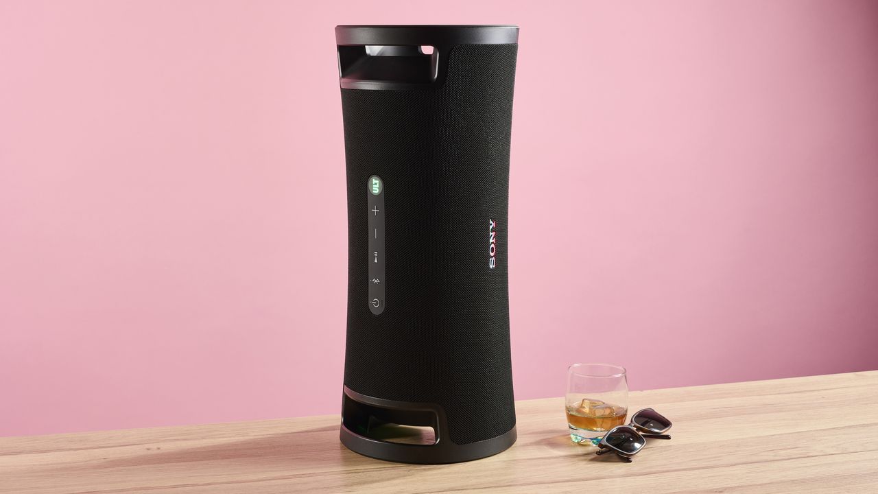 Sony ULT Field 7 speaker standing upright on a stone floor
