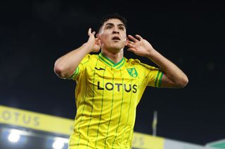 Marcelino Nunez of Norwich City celebrates after scoring the team's second goal during the Sky Bet Championship match between Norwich City and Birmingham City at Carrow Road on February 21, 2023 in Norwich, England.