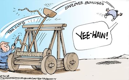 Political cartoon U.S. Trump GOP tax cuts employee bonuses economy jobs