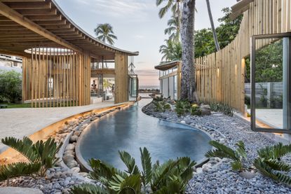 beachfront house al suave in el salvador showing indoor outdoor areas and swimming pools, and bamboo construction