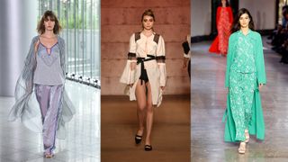 three catwalk images showing model modelling pajama clothing trends