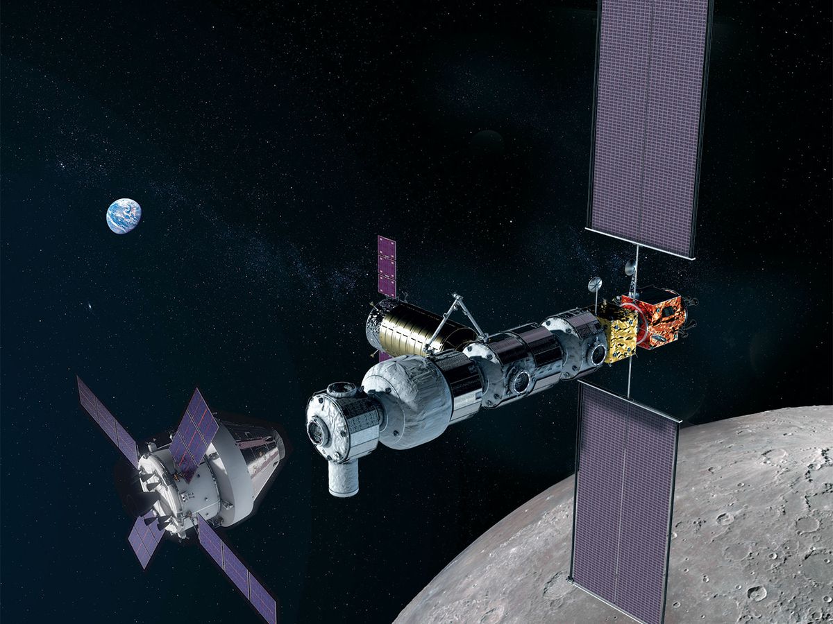 Artist&#039;s illustration of NASA&#039;s Orion spacecraft (left) approaching the Gateway in lunar orbit.