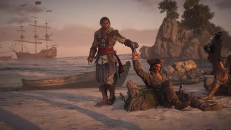 Edward Kenway takes a bottle of rum from another pirate who sits on the sandy shore, and a ship can be see on the horizon in Assassin's Creed Black Flag Resynced