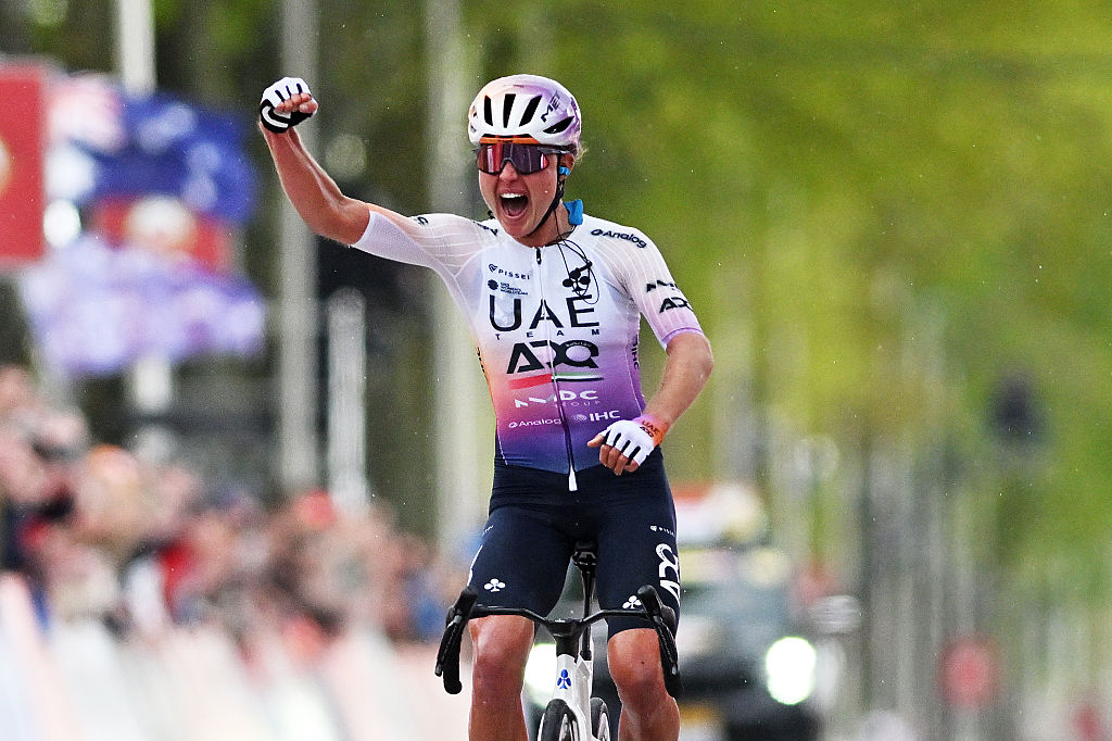 Paula Blasi (UAE Team ADQ) celebrates as she wins the 12th Amstel Gold Race Ladies Edition 2026. (Photo by Luc Claessen/Getty Images)