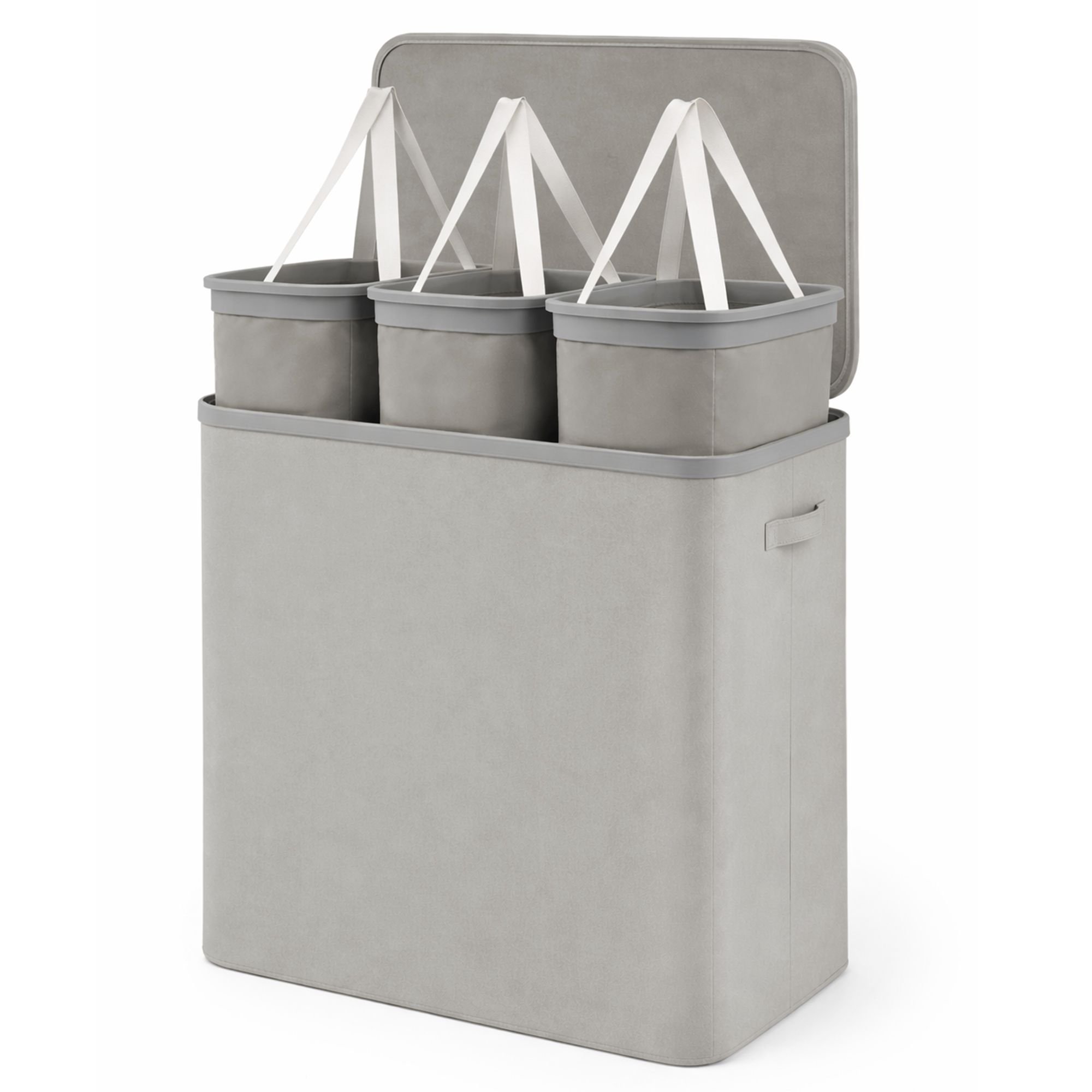 Keplin 170l Collapsible Fabric Lidded Triple Laundry Basket - Grey
