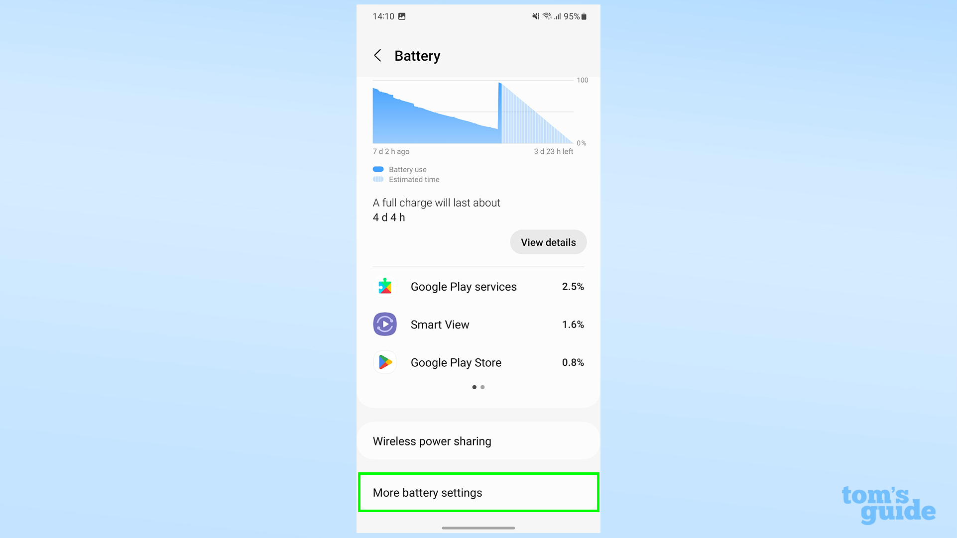 Скриншот, показывающий меню батареи Samsung Galaxy S23 с выделенным заголовком «Дополнительные настройки батареи».