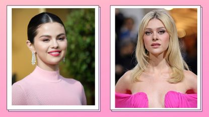 Selena Gomez and Nicola Peltz in a pink template: Selena Gomez smiling, wearing a pink turtleneck and red lipstick, alongside a picture of Nicola Peltz Beckham posing in a pink dress at the Met Gala 2022