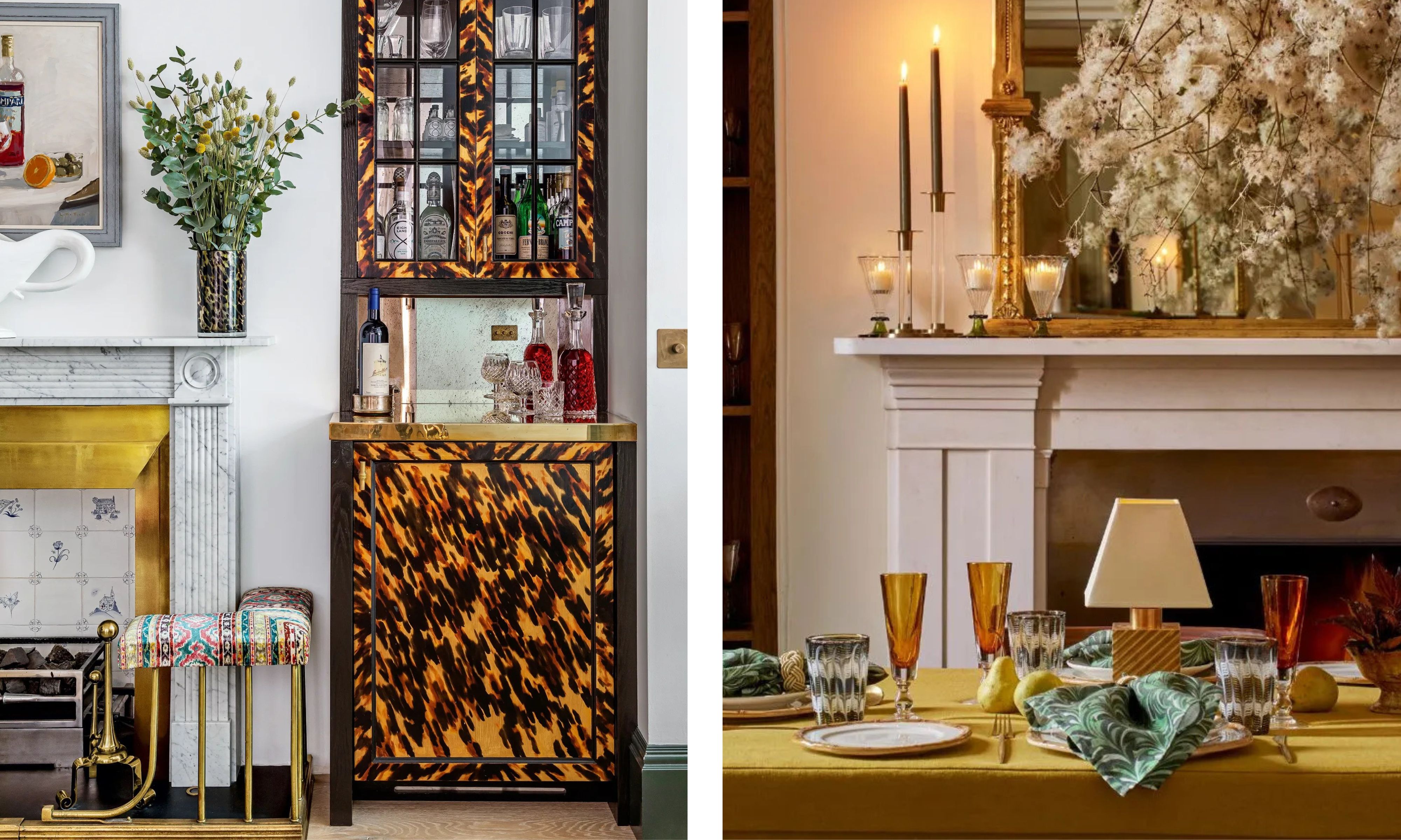 A two-image collage of elegant, maximalist interior decor. The left shows a tall bar cabinet with a bold tortoiseshell pattern next to a marble fireplace. The right features a festive dinner table with mustard linens and amber glassware, set before a mantel decorated with tall candles and airy, dried white florals.
