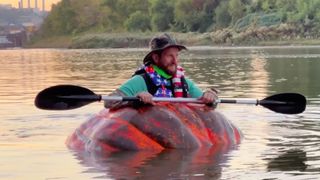 Man paddles Missouri River in giant pumpkin boat