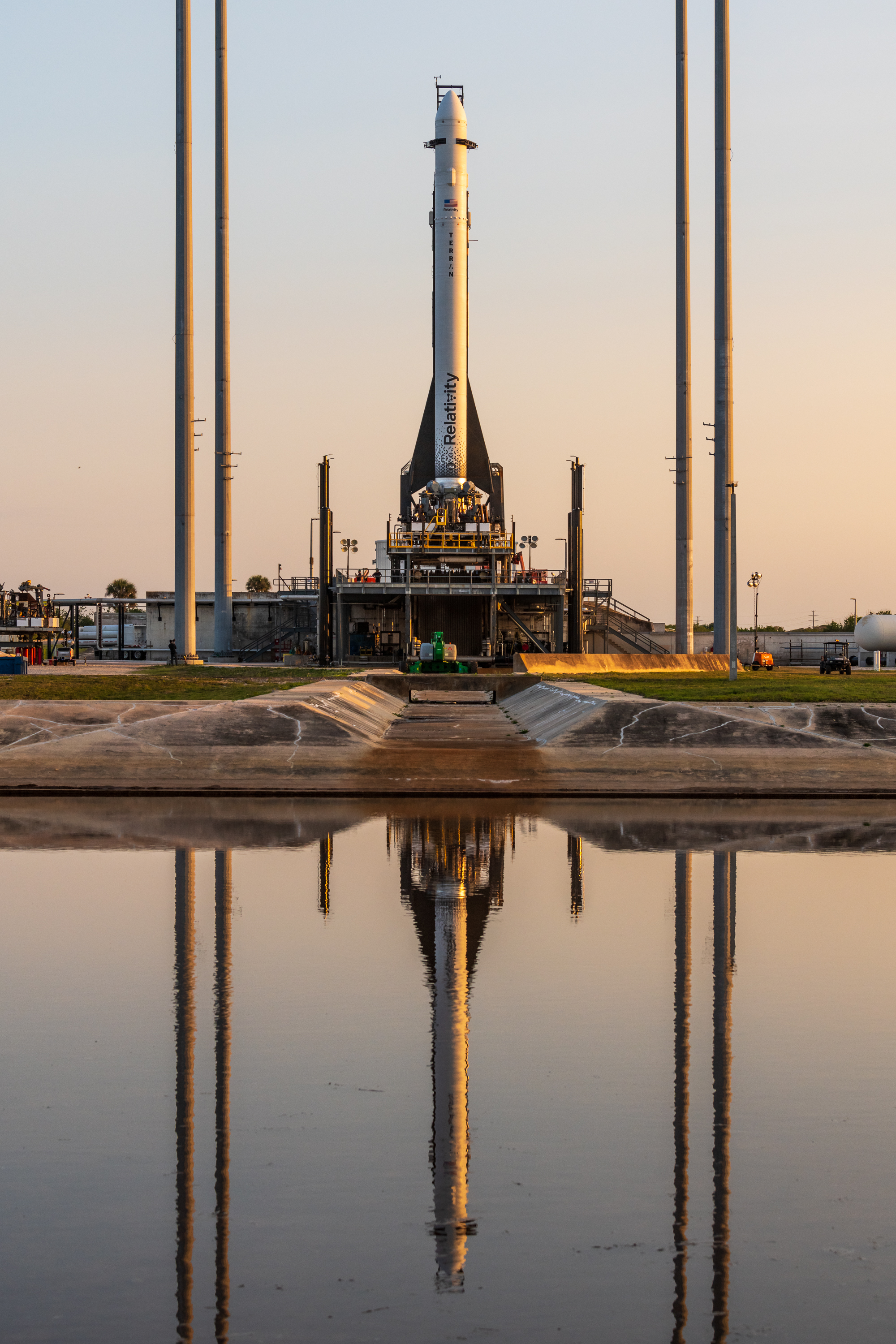 Relativity Space's 3D-printed Terran 1 rocket stands ready on the launch pad before its first liftoff.