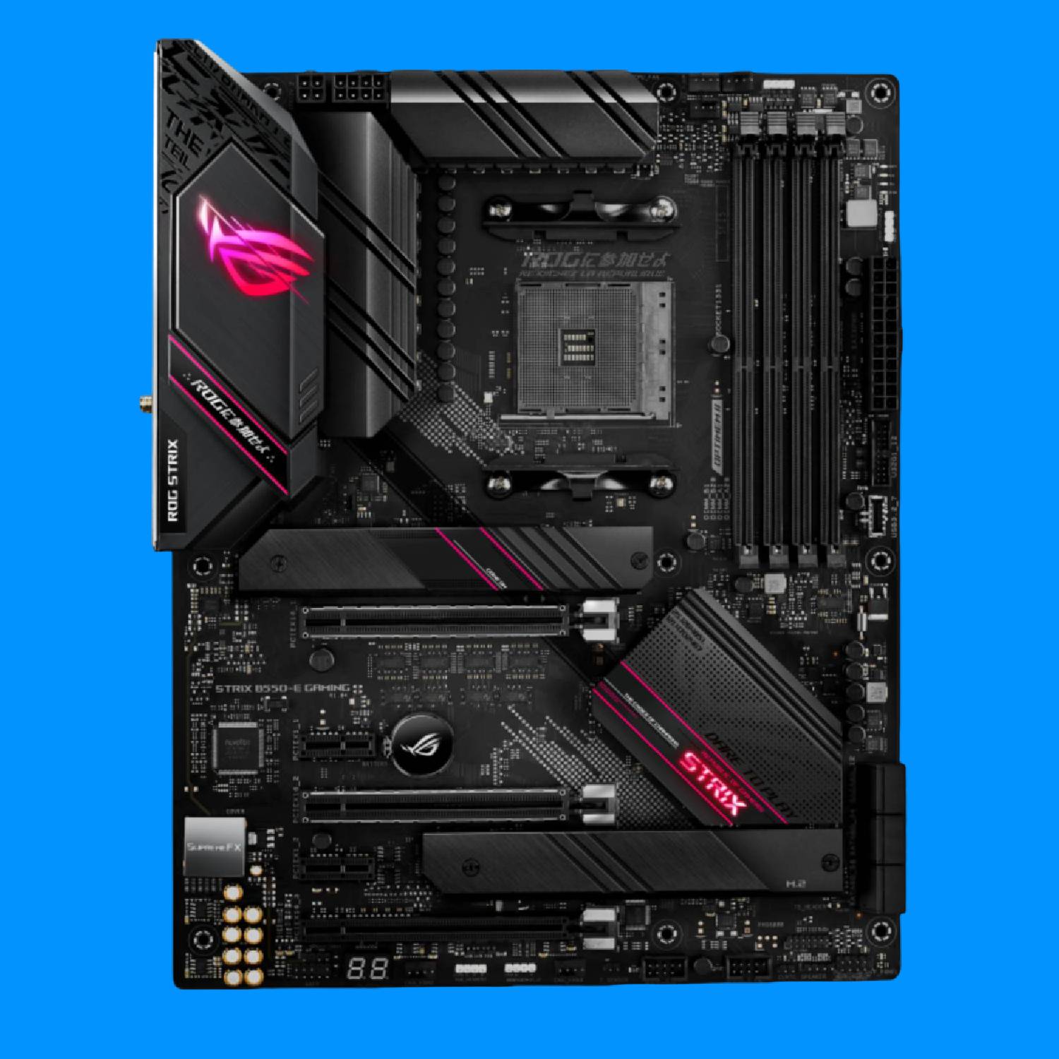 Asus ROG Strix B550-E Gaming motherboard on a dark blue background